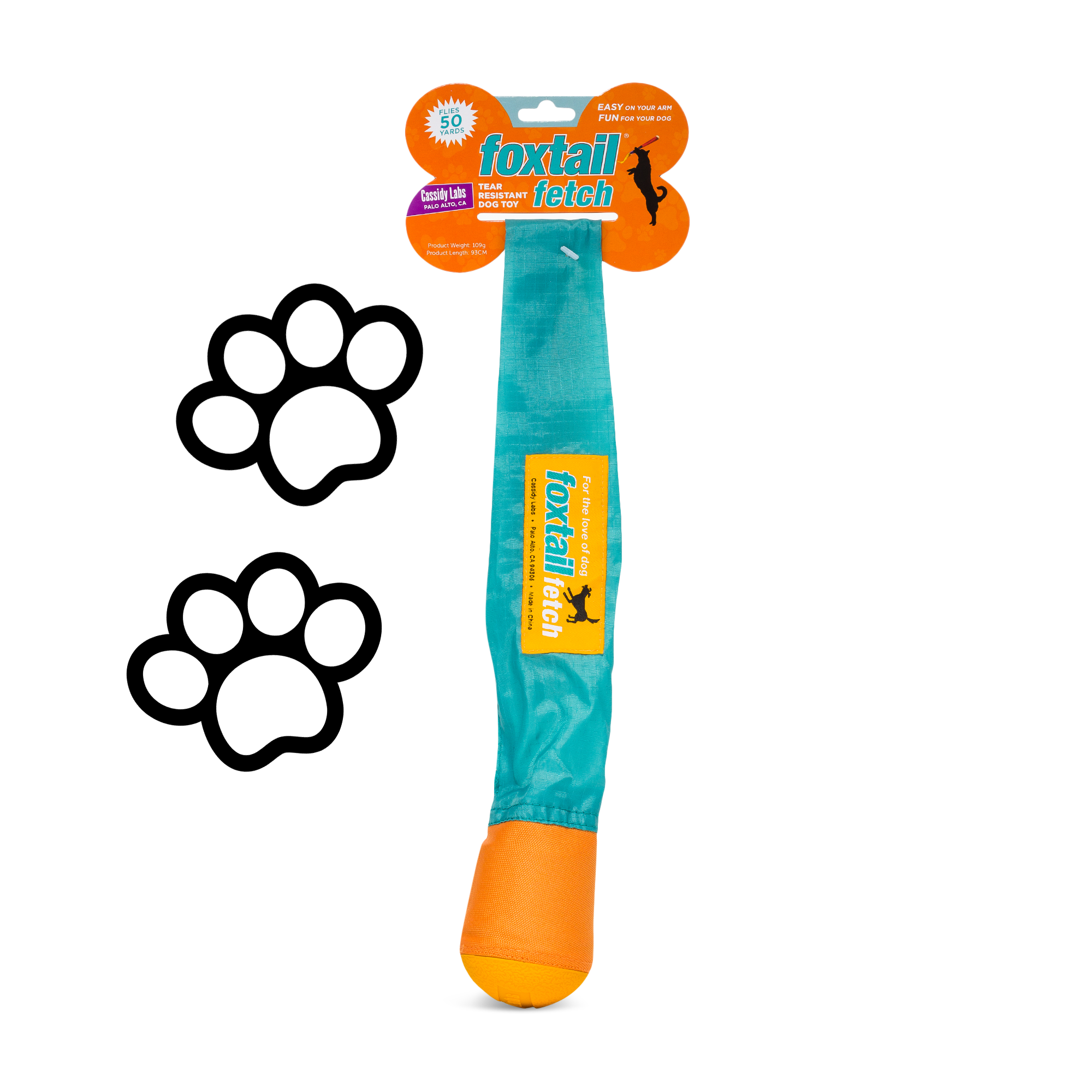 A teal and orange Foxtail Fetch (Dog Toy) with a fabric tail is shown on a white background. Two black paw print graphics appear to the left of this slobber-free, durable toy.